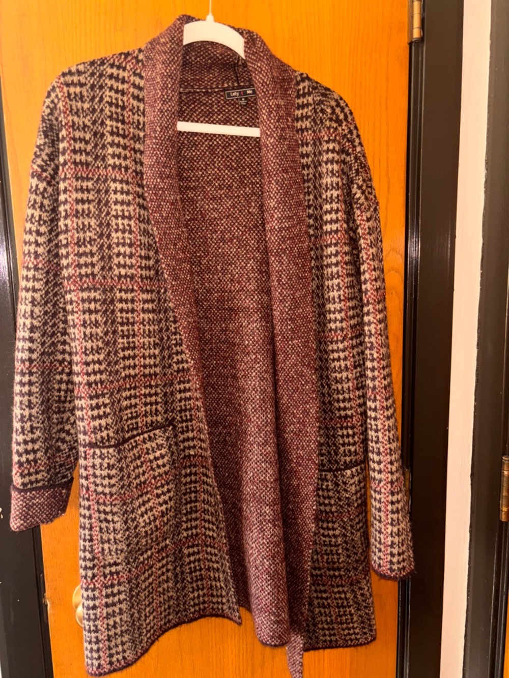 Cozy Burgundy Plaid Open-Front Women's Sweater Cardigan